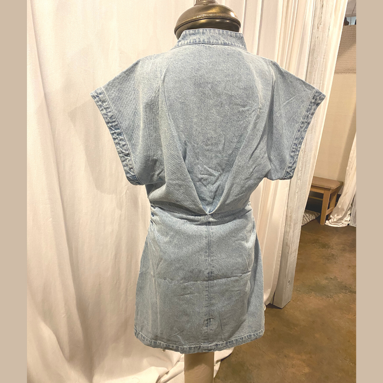 Button-Up Washed Denim Mini Dress with Pleats at Waist