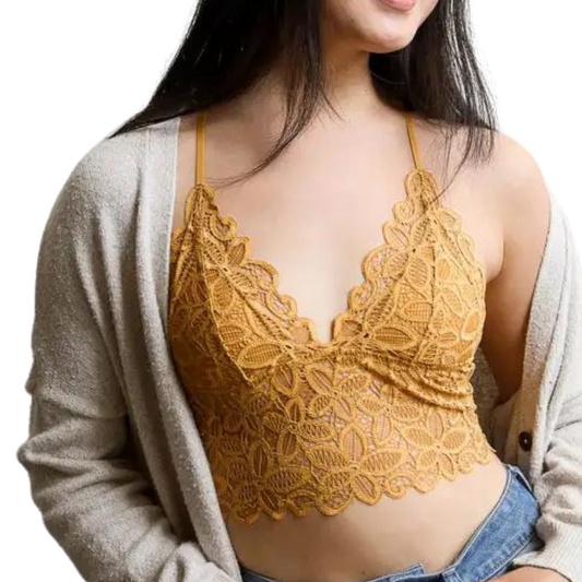 Mustard Yellow Floral Lace Long Bralette with Racerback and Adjustable Straps