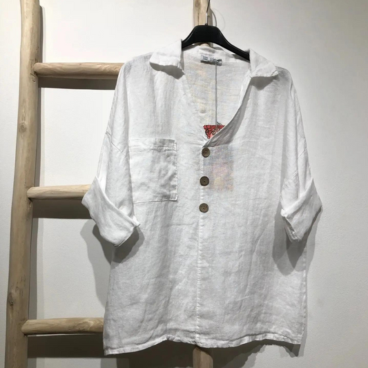 Italian Linen White Rolled Short Sleeve V-Neck Top with Top Button Detail