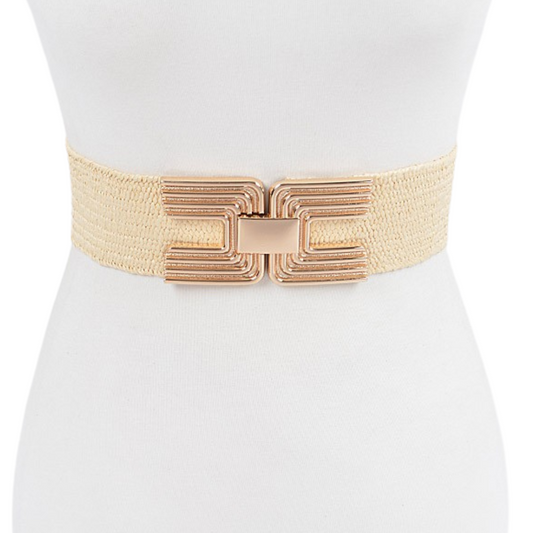 Ivory Straw Belt with Big Gold Buckle