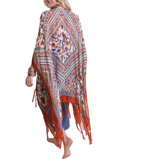 Rust Boho Intricate Diamond Floral Design Kimono Duster Cover with Tassel Trim