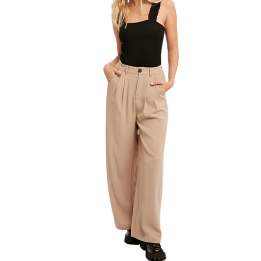 Ivory Taupe Wide Leg Pleated Pants