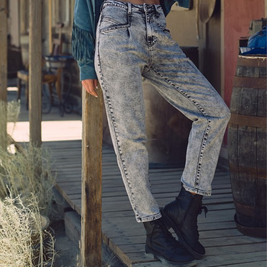 Charcoal Acid Washed Pleated Mom Jeans