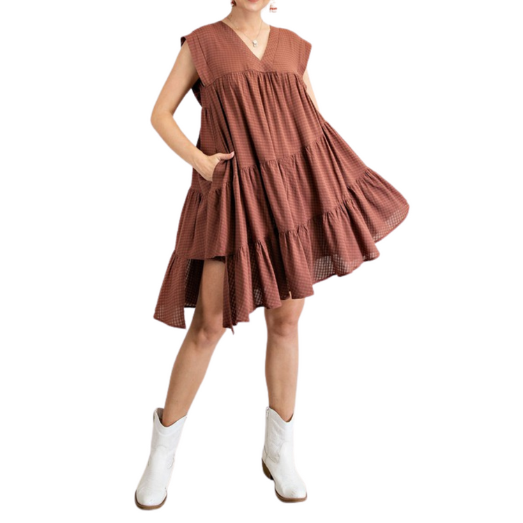 Brown Checkered Sleeveless Tiered Ruffled Asymmetrical Shirt Dress