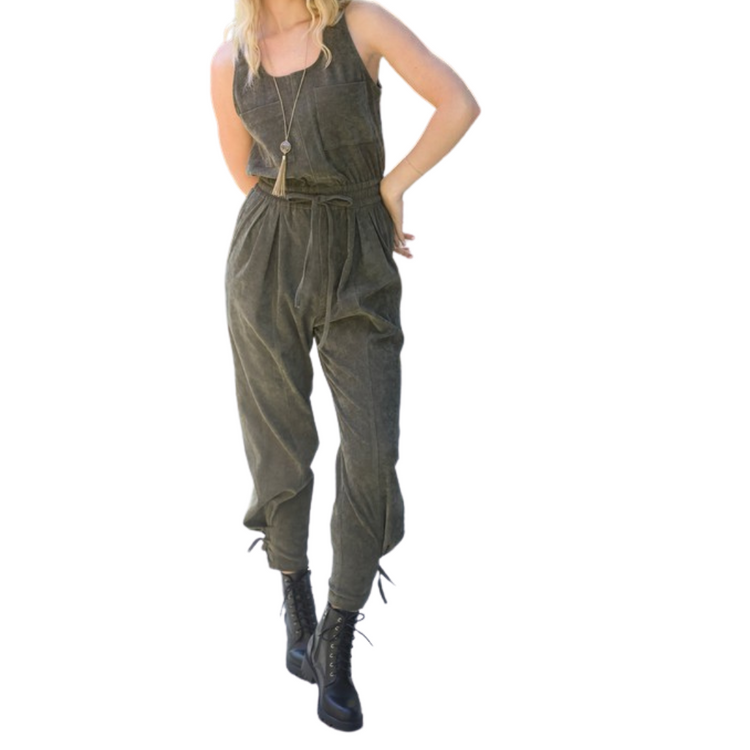 Olive Sleeveless Corduroy Jumpsuit w Ribbon Tie Ankle