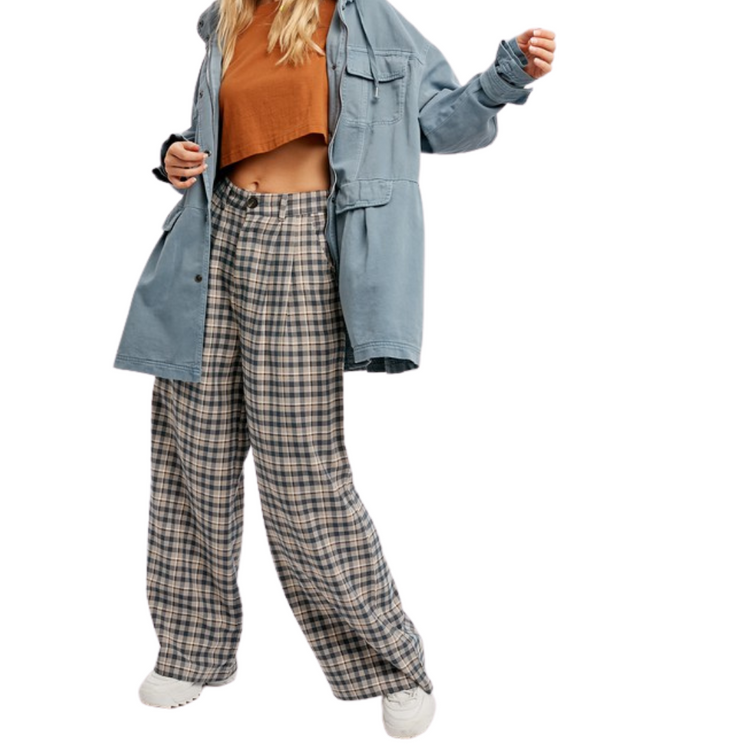 Blue Plaid Pleated Wide Let Pants