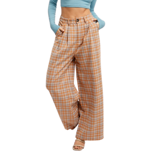 Rust Plaid Wide Leg Pleated Pants