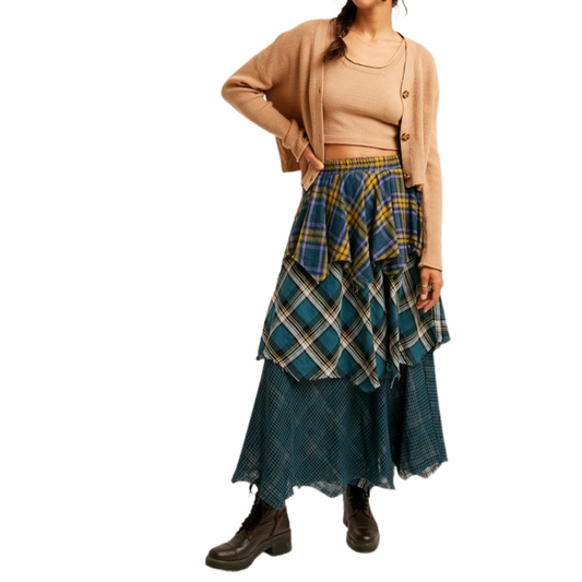 Green Plaid Asymmetrical Tiered Maxi Skirt