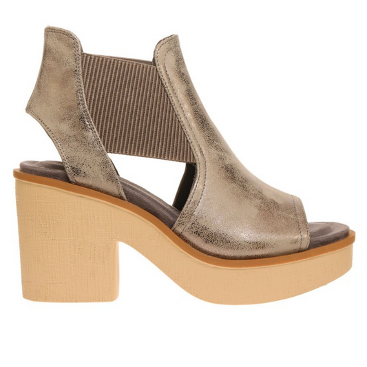 Squared Heel Pewter Platform Sandal w Side Cut-outs