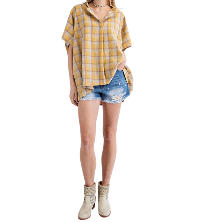 Mineral Wash Mustard Yellow Taupe Plaid Loose Fit V-Neck Top