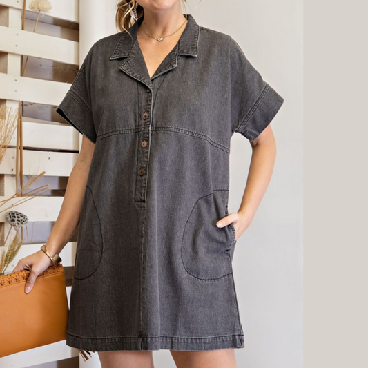 Vintage Black Denim Short Sleeve Shirt Dress