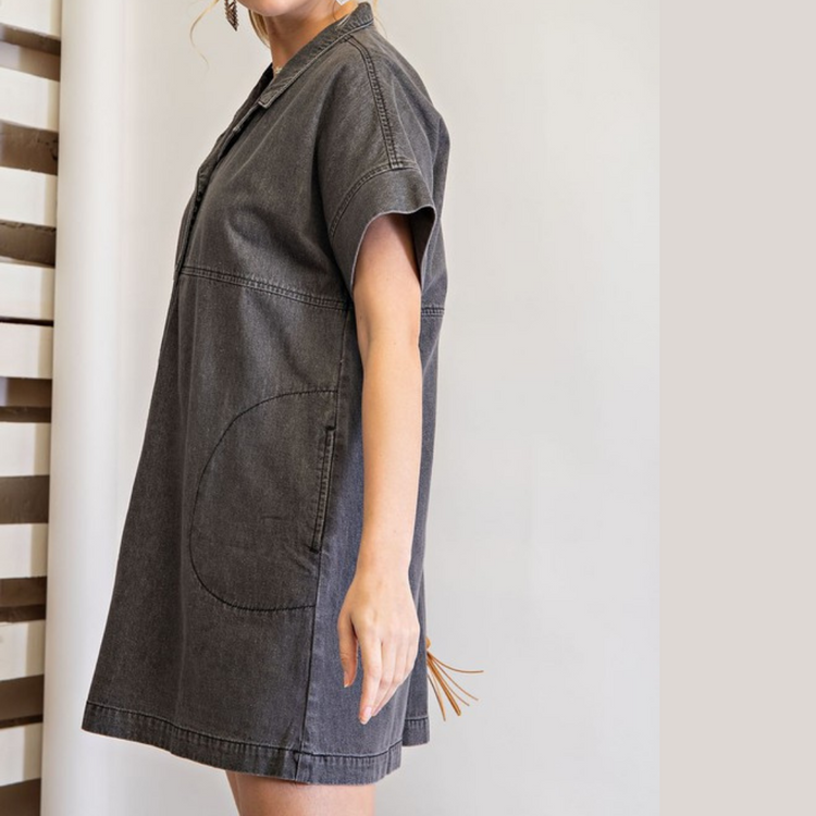 Vintage Black Denim Short Sleeve Shirt Dress