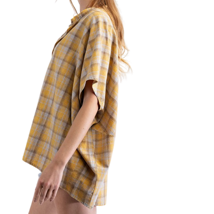 Mineral Wash Mustard Yellow Taupe Plaid Loose Fit V-Neck Top