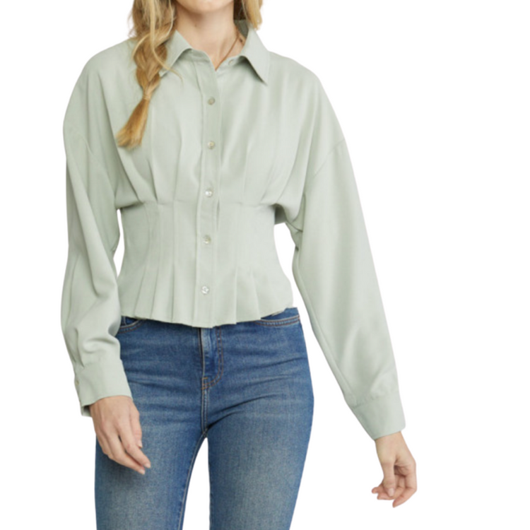 Sage Green Pleated Waist Detail Button-Down Long Sleeve Collared Top