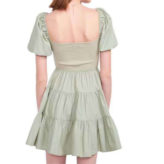 Sage Puff Sleeve Open Mid Front Mini Dress