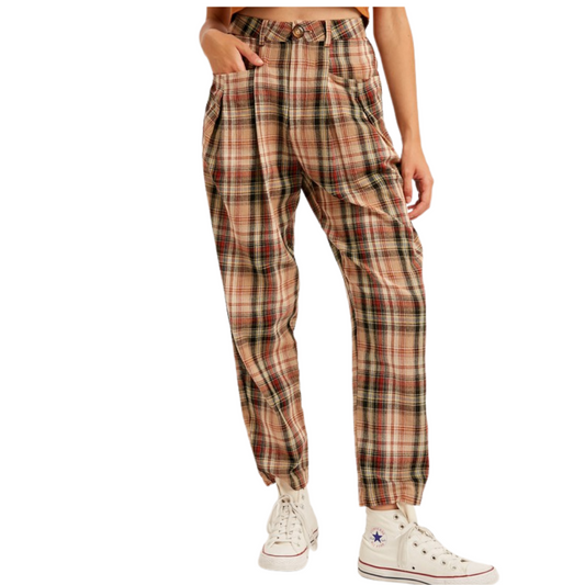 Pleated Toffee Plaid Tapered Leg Trouser Pants