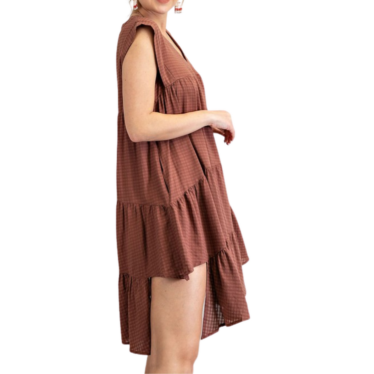 Brown Checkered Sleeveless Tiered Ruffled Asymmetrical Shirt Dress