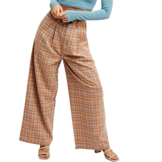 Rust Plaid Wide Leg Pleated Pants