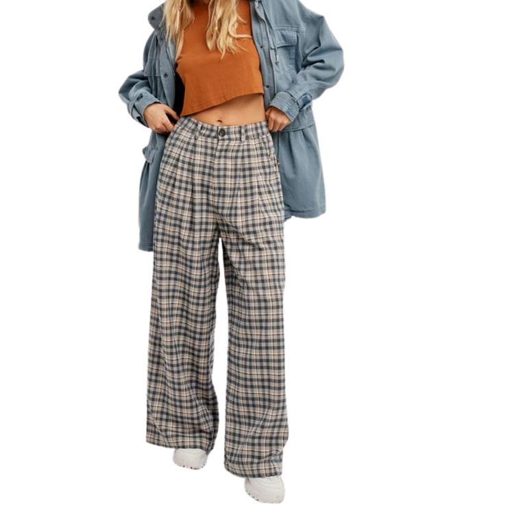 Blue Plaid Pleated Wide Let Pants