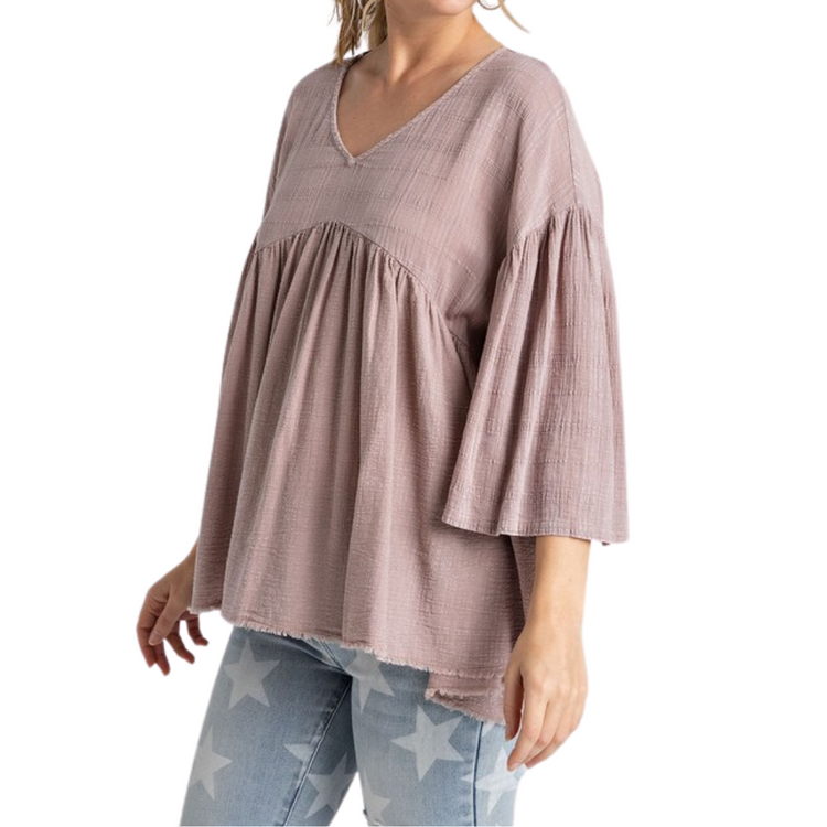 Textured Cotton Mineral Washed Mauve Babydoll Tunic Top