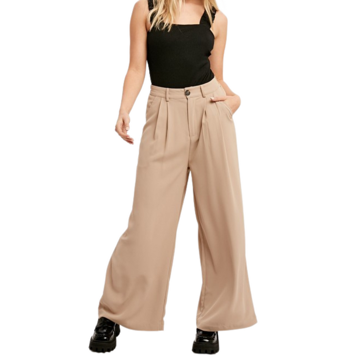 Ivory Taupe Wide Leg Pleated Pants