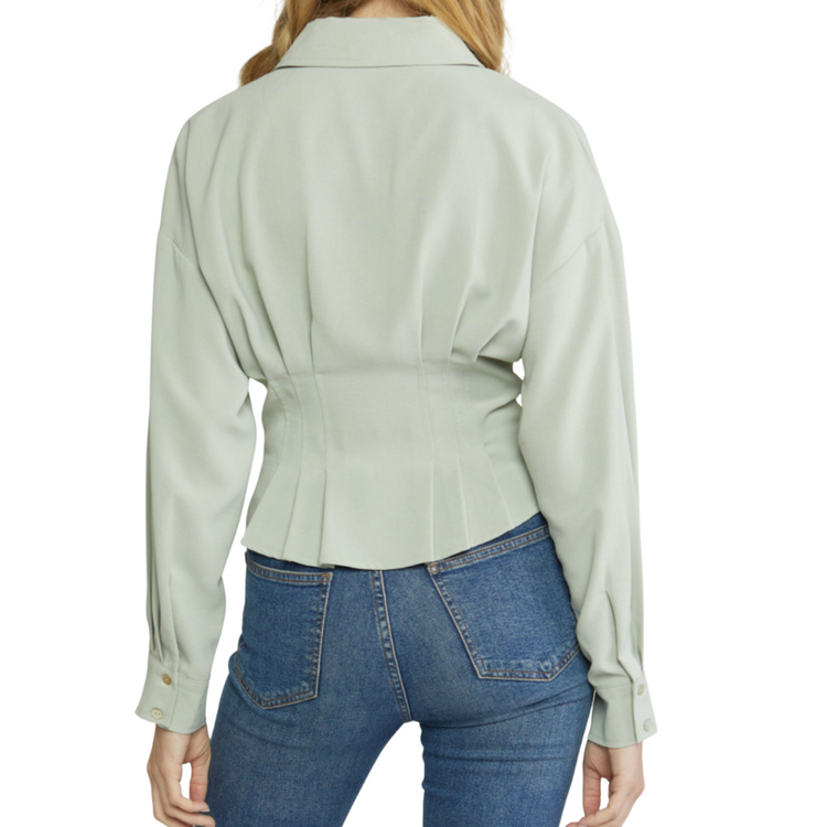 Sage Green Pleated Waist Detail Button-Down Long Sleeve Collared Top