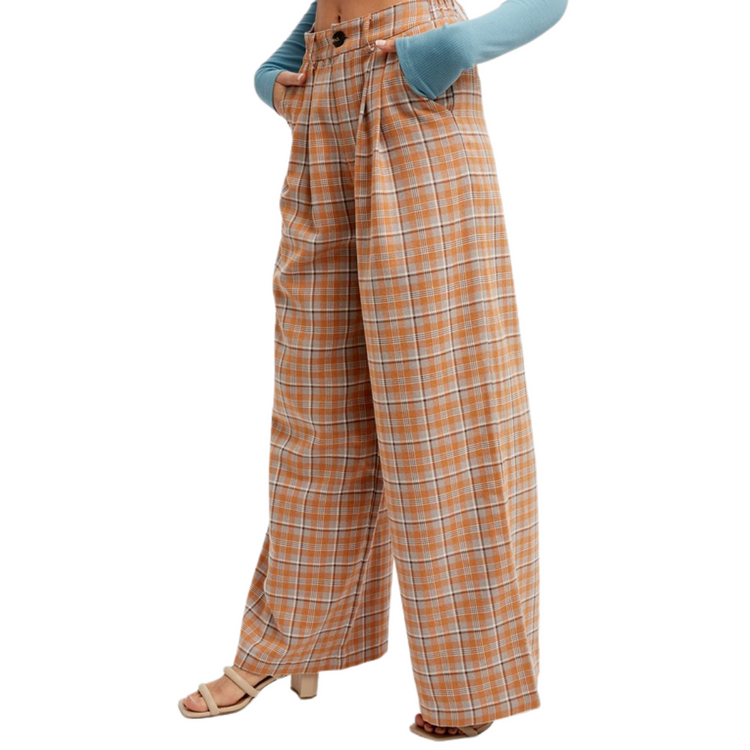 Rust Plaid Wide Leg Pleated Pants