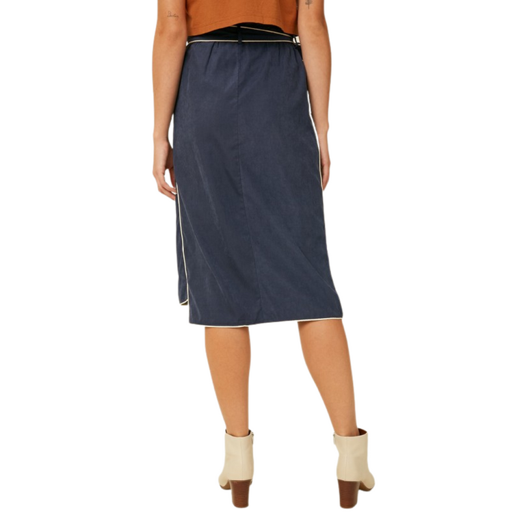 Navy Blue Suede Textured Wrap Mid Skirt with Ivory Binding Piping