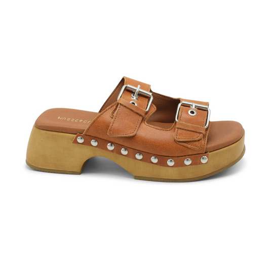 McRoger Brown Tan Open Toe Double Adjustable Strap Leather Clog