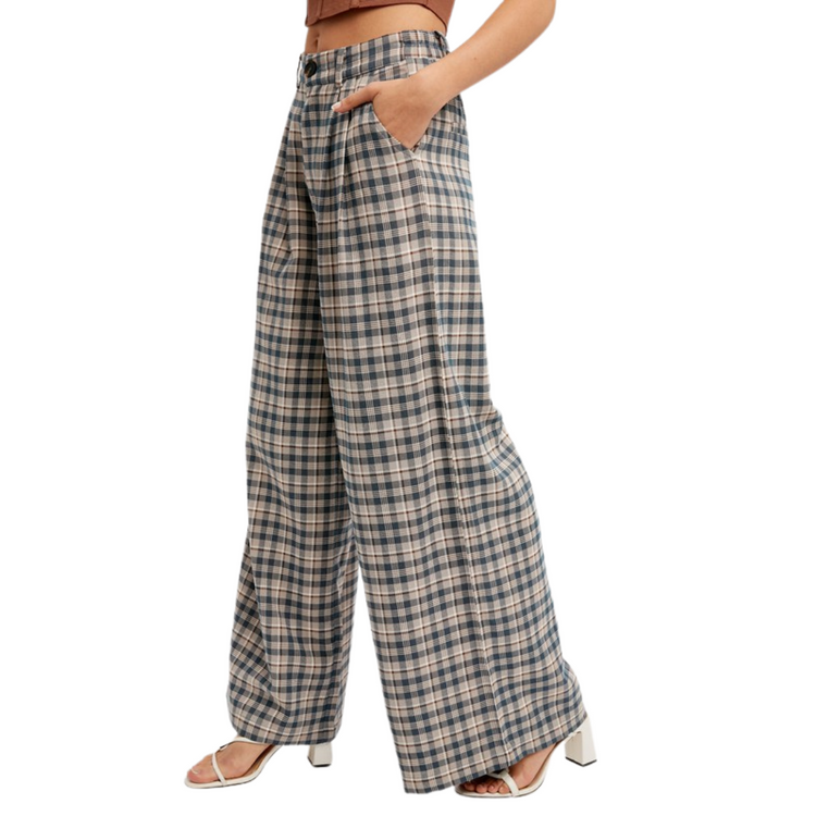 Blue Plaid Pleated Wide Let Pants