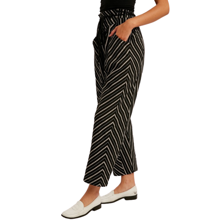 Black White Multi Striped Paper Bag Elastic Waist Baggy Pants