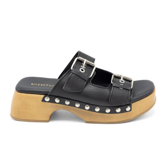 McRoger Black Open Toe Double Adjustable Strap Leather Clog