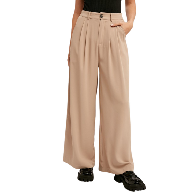 Ivory Taupe Wide Leg Pleated Pants