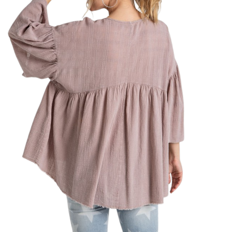 Textured Cotton Mineral Washed Mauve Babydoll Tunic Top