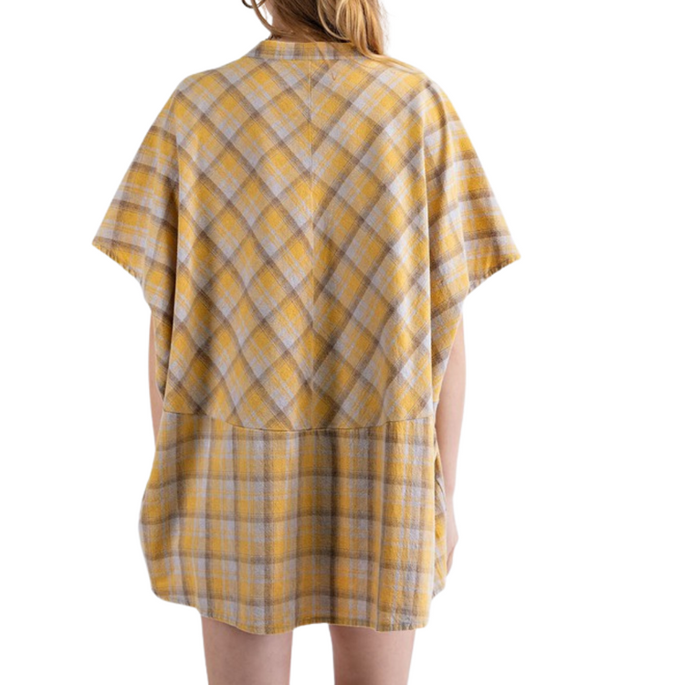 Mineral Wash Mustard Yellow Taupe Plaid Loose Fit V-Neck Top