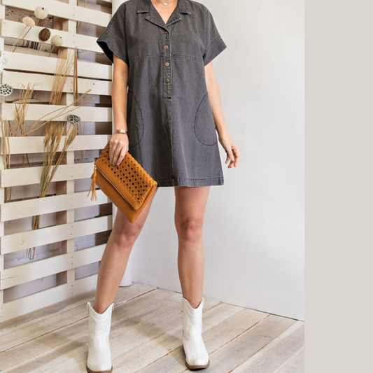 Vintage Black Denim Short Sleeve Shirt Dress