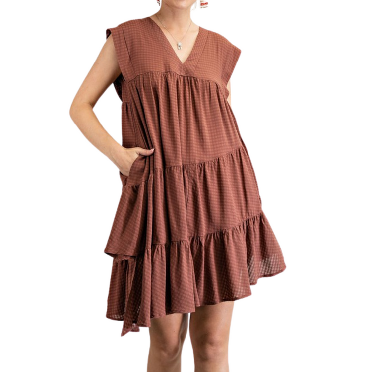 Brown Checkered Sleeveless Tiered Ruffled Asymmetrical Shirt Dress