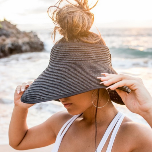 Black Straw Foldable Wide Brim Visor Hat