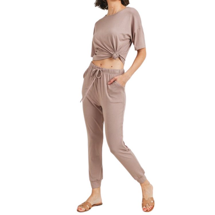 Soft Ultra Light Taupe Tee with Matching Jogger Lounge Set