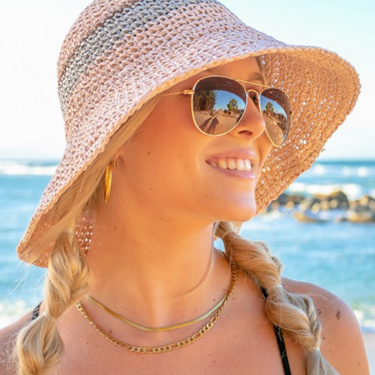 Blush Straw Bucket Hat w Stripe Hat Band Detail