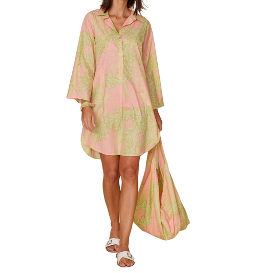 Peach Coral with Lime Green Leafy Print Button Down Shirt Dress