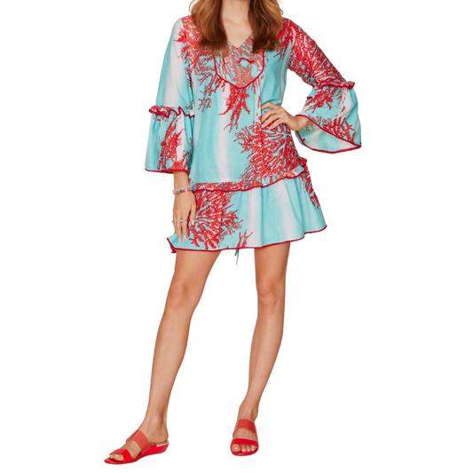 Bell Sleeve Turquoise with Coral Print Mini Dress with Bottom Ruffle Detail