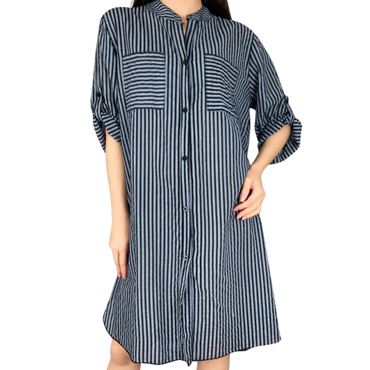 Long Black and Gray Stripped Italian Cotton Button Down Collarless Long Sleeve Shirt Dress