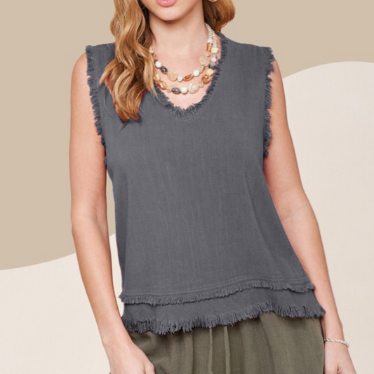 Charcoal Linen Cotton Tank Top with Raw Edge Shoulder and Bottom Edging