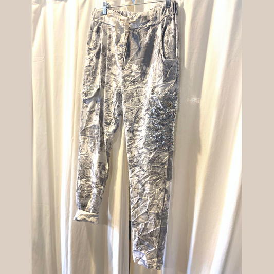 Italian White Gray Snake Stamped Camo Print Pant w/ Sequin Side Pockets & Drawstring