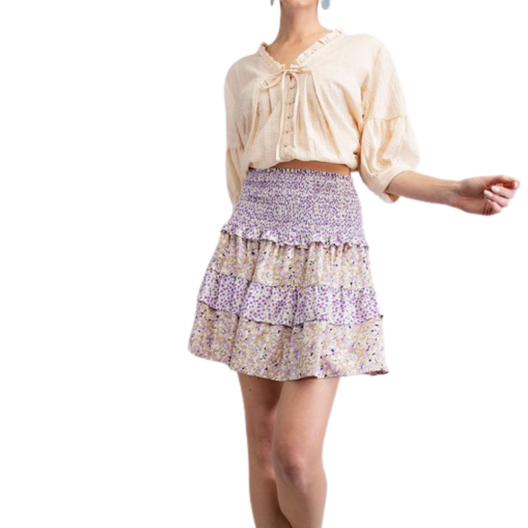 Ruffled Lilac Taupe Floral Print Smocked Mini Skirt