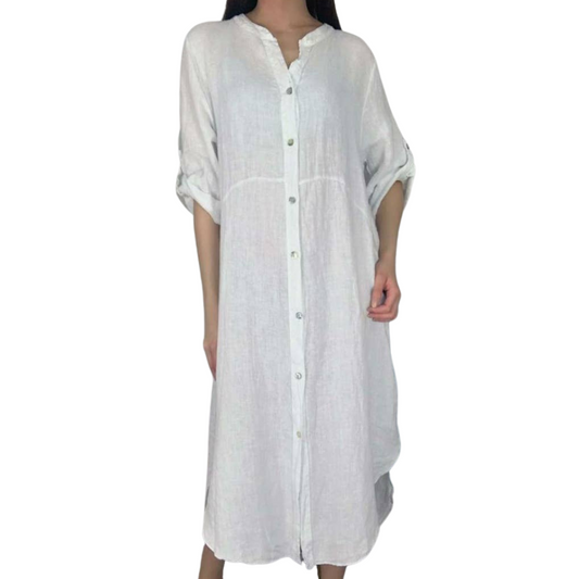 Long White Italian Linen Button Down Collarless Long Sleeve Shirt Dress