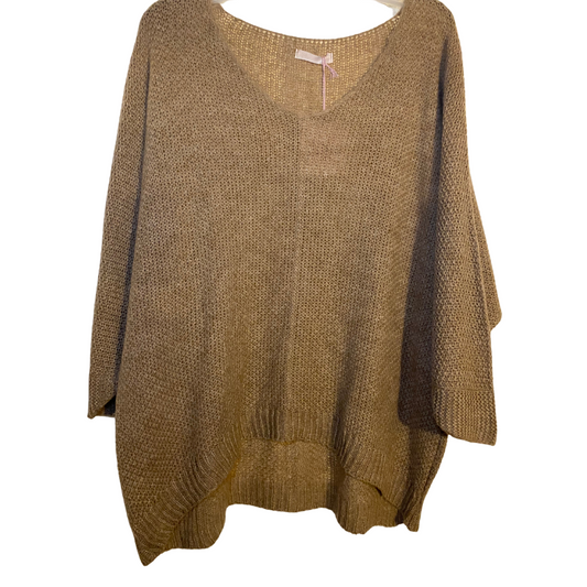 Italian Oversized Tan Taupe Open Weave V-Neck Thin Sweater