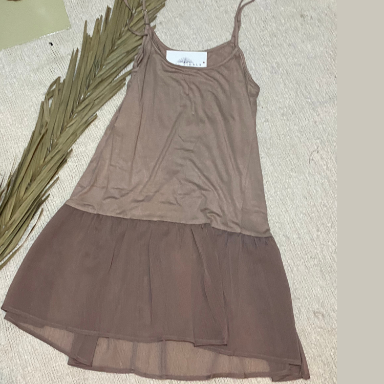 Taupe Slip Tank with Sheer Bottom Ruffle