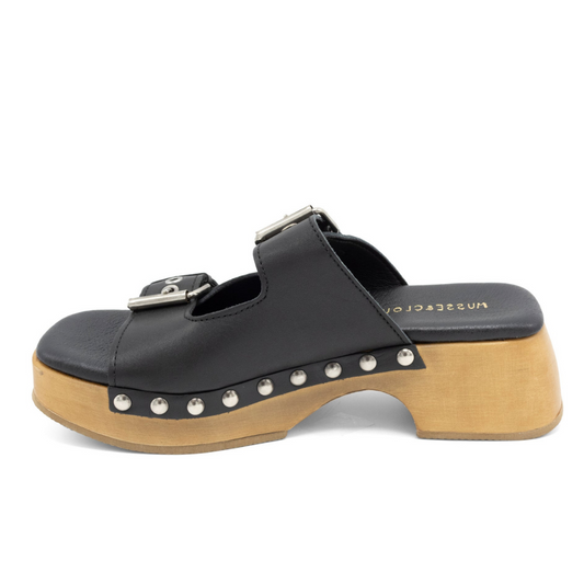 McRoger Black Open Toe Double Adjustable Strap Leather Clog